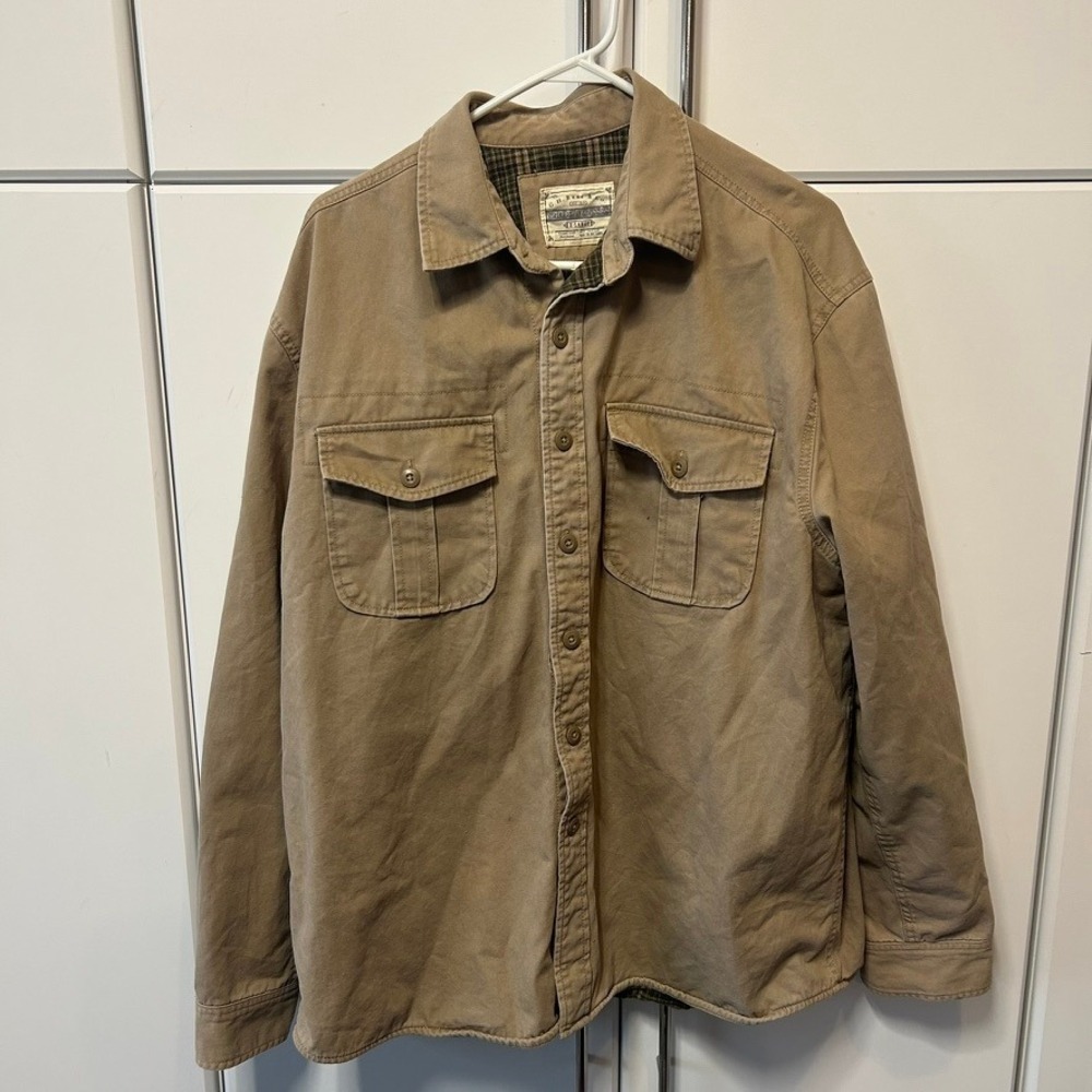 GH Bass Mens Tan‎ Khaki Flannel Lined Cotton Canvas Button Down Shirt Jacket XL